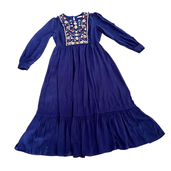 Navy Blue Embroidered Dress Sz Medium Floral Boho Long Sleeves Tiered Elastic - Picture 7 of 17